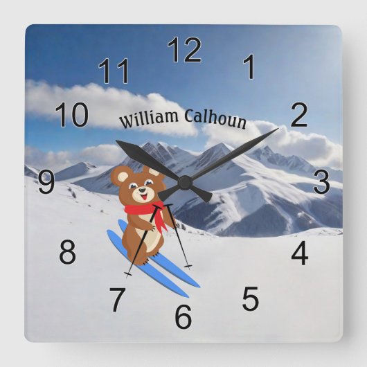 Teddy Bear Skier auf schneebedeckten Bergen Quadratische Wanduhr (Vorderseite)