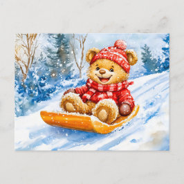 Teddy Bear Sledding Downhill in Winter Postkarte
