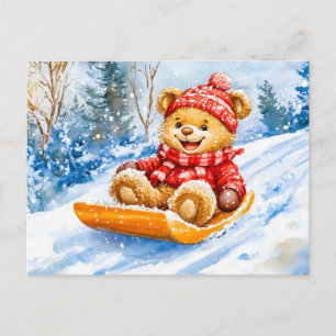 Teddy Bear Sledding Downhill in Winter Postkarte