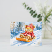 Teddy Bear Sledding Downhill in Winter Postkarte (Stehend Vorderseite)