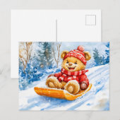 Teddy Bear Sledding Downhill in Winter Postkarte (Vorne/Hinten)