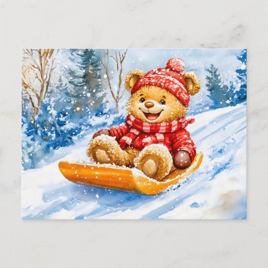 Teddy Bear Sledding Downhill in Winter Postkarte (Vorderseite)