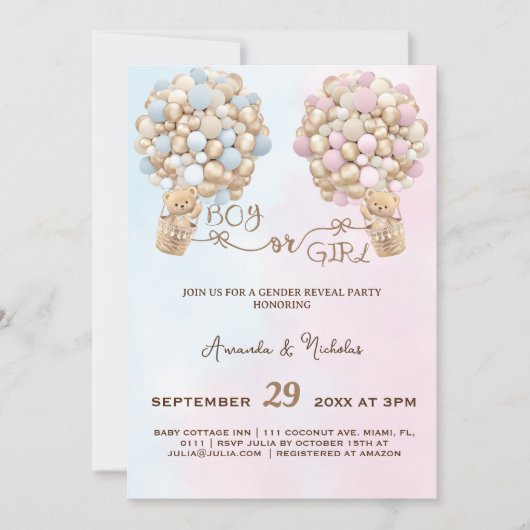 Teddy Bear Soft Pink & Blue Balloons Gender Reveal Einladung (Vorderseite)