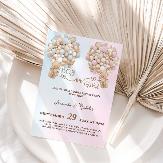 Teddy Bear Soft Pink & Blue Balloons Gender Reveal Einladung