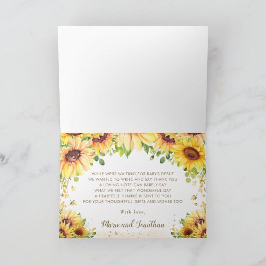 Teddy Bear Sonnenblume Blumenblume Baby Dusche Geb Dankeskarte (Innenseite)