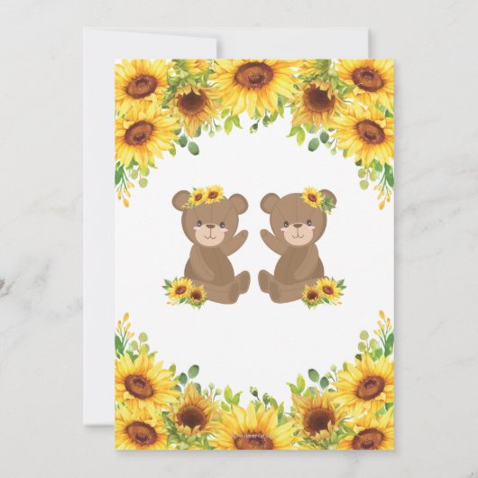 Teddy Bear Sonnenblume Blumenblütendusche Twin Gir Einladung (Rückseite)