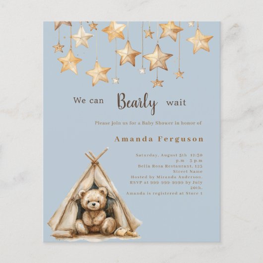 Teddy bear star blue budget Baby Dusche Einladung (Vorderseite)