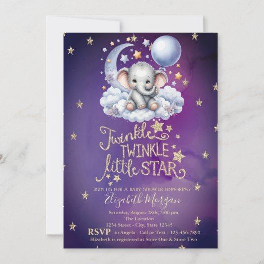 Teddy Bear Stars Moon Clouds Violet Babydusche Einladung (Vorderseite)
