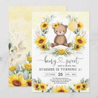 Teddy Bear Summer Sunflower Greenery Geburtstagsmä Einladung