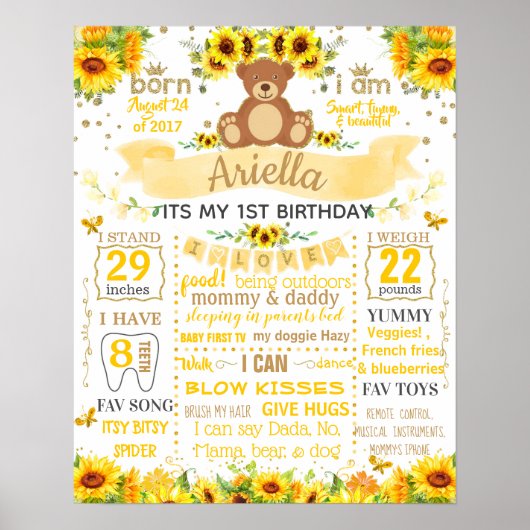 Teddy Bear Sun Flower Geburtstagspartafel Poster (Vorne)
