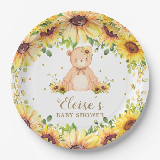 Teddy Bear Sunflower Baby Showday Party Pappteller (Vorderseite)