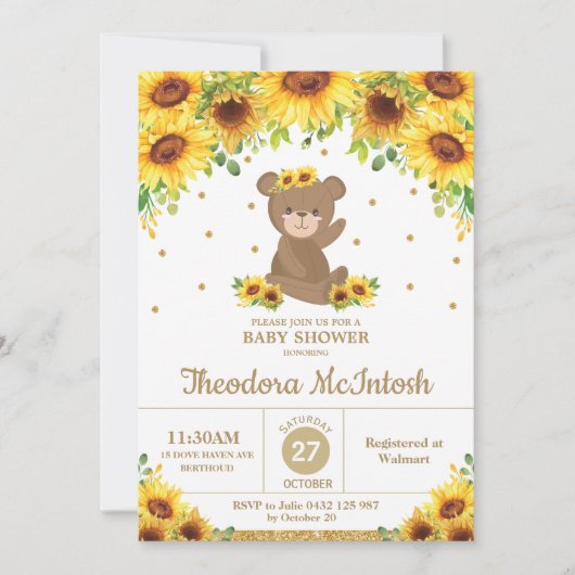 Teddy Bear Sunflower Floral Baby Shower Girl Einladung (Vorderseite)