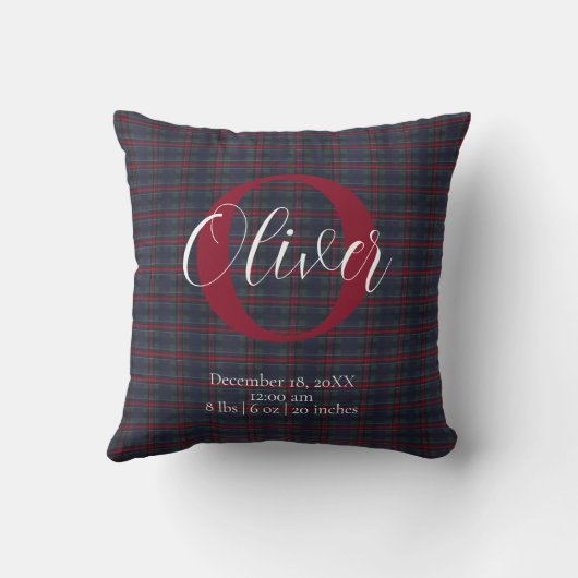 Teddy Bear Tartan Monogram Birth Stats Newborn Boy Kissen (Rückseite)