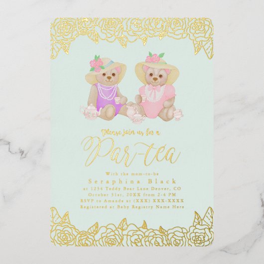 Teddy Bear Tee Party Mint Gold Babydusche Folieneinladung (Vorderseite)