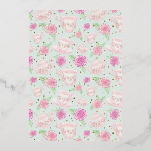 Teddy Bear Tee Party Mint Gold Babydusche Folieneinladung (Rückseite)