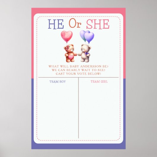 Teddy Bear Thema Geschlecht offenbaren Stimmzettel Poster (Vorne)