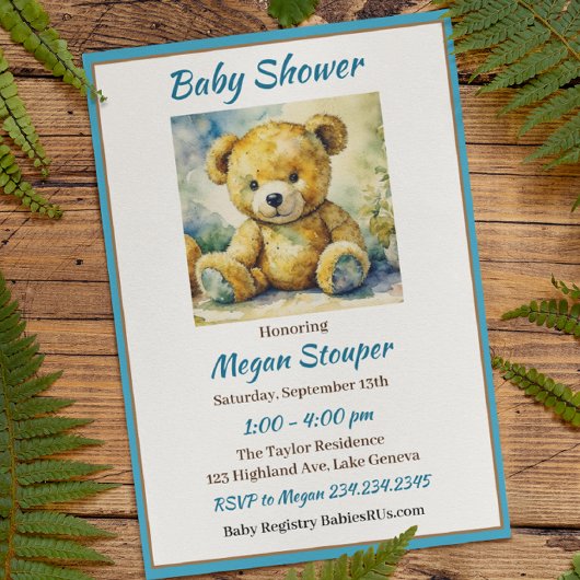 Teddy Bear thematied Boy's Baby Shower Einladung