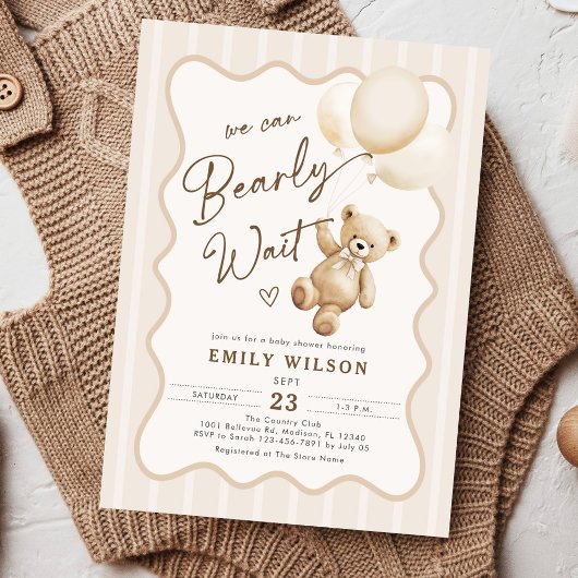 Teddy Bear Theme We Can Bearly Wait Baby Shower Einladung