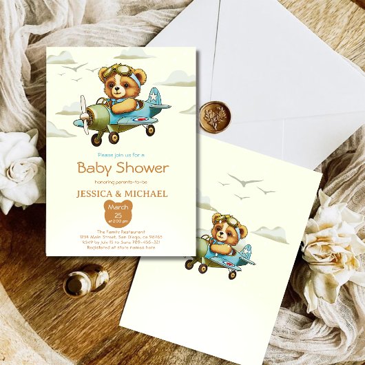 Teddy Bear Tiny Pilot Flugzeug Babydusche Einladung
