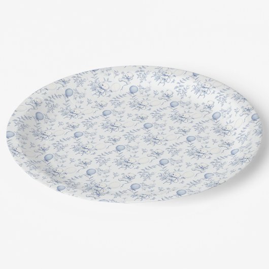 Teddy Bear Toile De Jouy Dusty Blue Baby Dusche Pappteller (Schrägansicht)