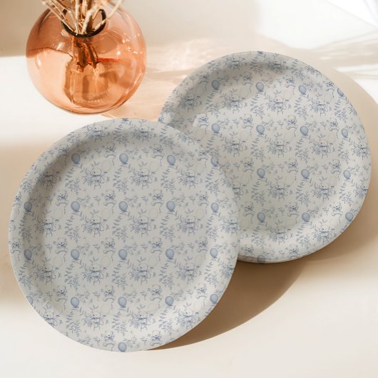 Teddy Bear Toile De Jouy Dusty Blue Baby Dusche Pappteller