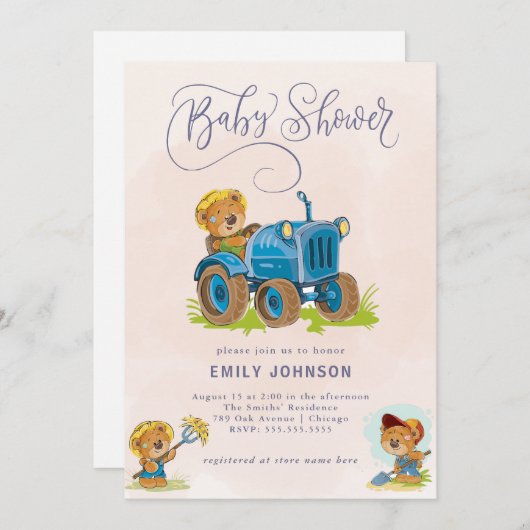 Teddy Bear Traktor Baby Dusche Einladung (Vorne/Hinten)