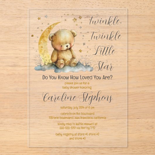 Teddy Bear Twinkle Twinkle Little Star Baby Dusche Acryleinladungen (Vorderseite)