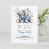 Teddy Bear Twins Baby Shower Einladung (Stehend Vorderseite)