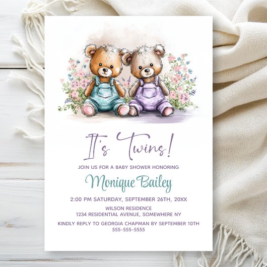 Teddy Bear Twins Baby Shower Einladung