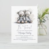 Teddy Bear Twins Baby Shower Einladung (Stehend Vorderseite)