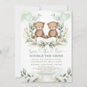 Teddy Bear Twins Baby Shower Greenery Gold Ballon Einladung (Vorderseite)
