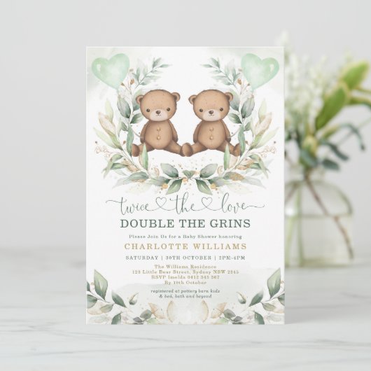 Teddy Bear Twins Baby Shower Greenery Gold Ballon Einladung (Stehend Vorderseite)