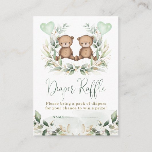 Teddy Bear Twins Grüne Gold Diaper Raffle Baby Begleitkarte (Vorderseite)