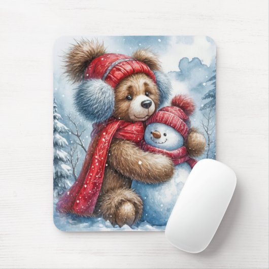 Teddy Bear umarmt einen Schneemann Mousepad (Mit Mouse)