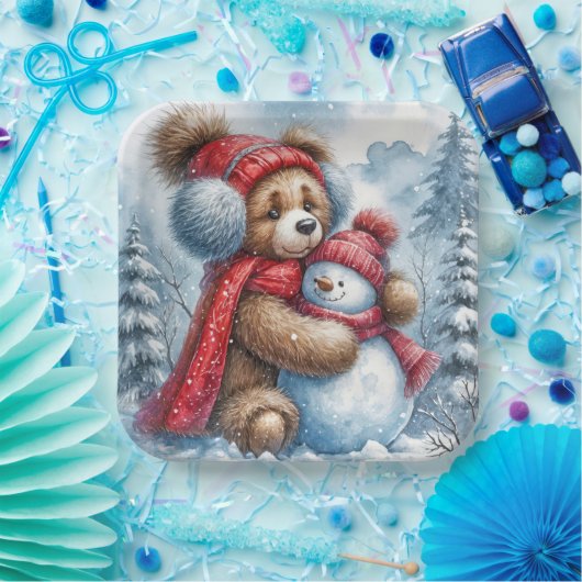 Teddy Bear umarmt einen Schneemann Pappteller (Party)