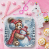 Teddy Bear umarmt einen Schneemann Pappteller (Party)