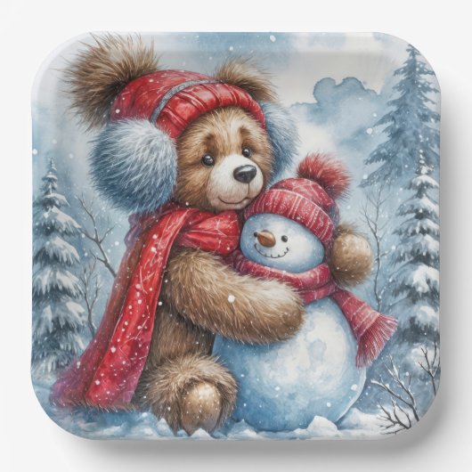 Teddy Bear umarmt einen Schneemann Pappteller (Vorderseite)