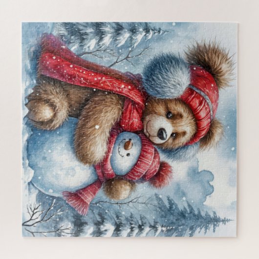 Teddy Bear umarmt einen Schneemann Puzzle (Horizontal)