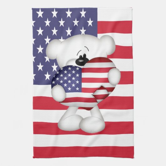 Teddy Bear und Big USA Flag Herz Geschirrtuch (Vertikal)