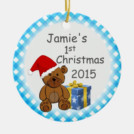 Teddy Bear und Blue Kariert Keramikornament (Vorne)