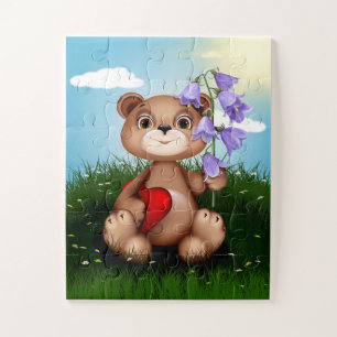 Teddy Bear und Blume mit rotem Herzen Puzzle