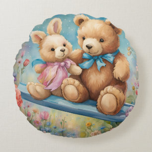 Teddy Bear und Bunny Sitzen im Garten Rundes Kissen