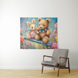 Teddy Bear und Bunny Sitzen im Garten Wandteppich