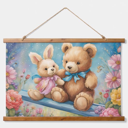 Teddy Bear und Bunny Sitzen im Garten Wandteppich Mit Holzrahmen (Vorne)