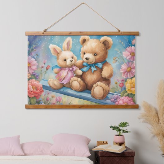 Teddy Bear und Bunny Sitzen im Garten Wandteppich Mit Holzrahmen (Schlafzimmer)