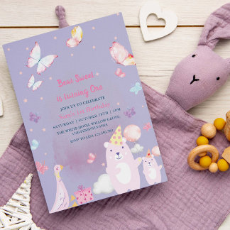 Teddy Bear und Ente Lila 1. Geburtstagskarte Einladung
