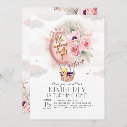 Teddy Bear und Floral Hot Air Ballon Kind Geburtst Einladung (Vorne/Hinten)