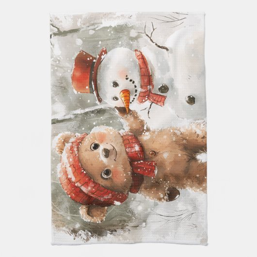 Teddy Bear und Snowman Geschirrtuch (Vertikal)