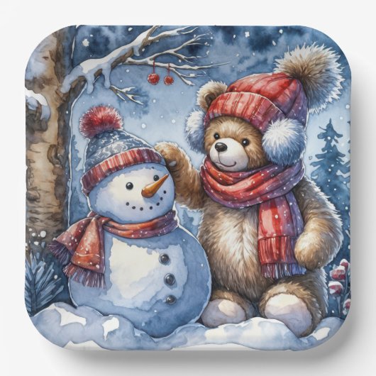 Teddy Bear und Snowman Pappteller (Vorderseite)
