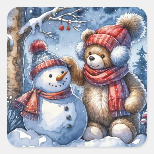 Teddy Bear und Snowman Quadratischer Aufkleber (Vorderseite)